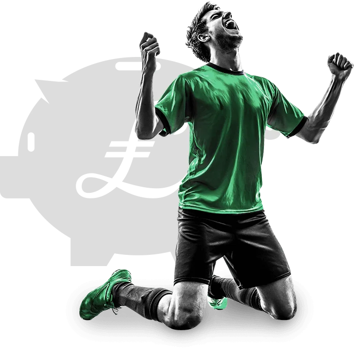 Footballer celebrating a goal and a piggy bank icon with a Pound sterling sign